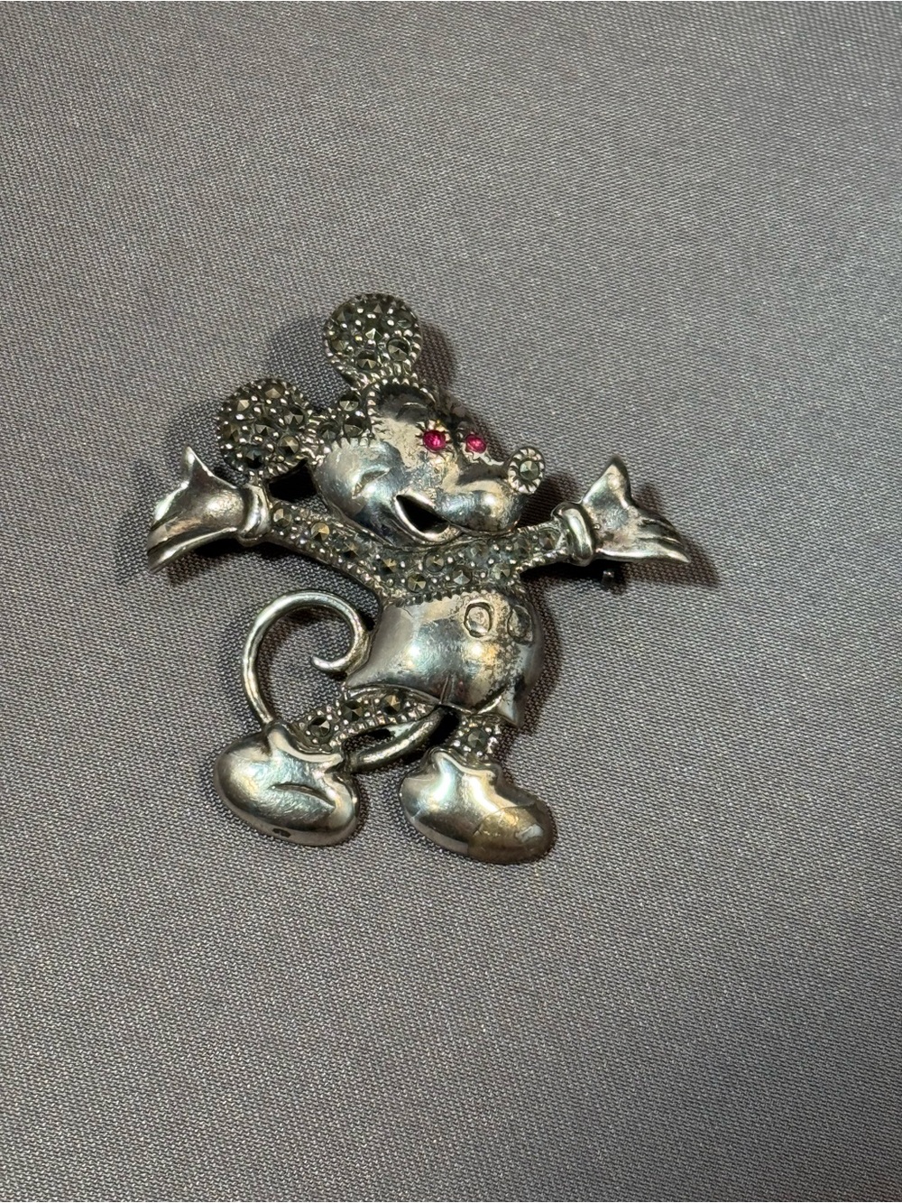 Vintage Mickey Mouse sterling silver Pendant/Brooch with Red Rhinestone Eyes